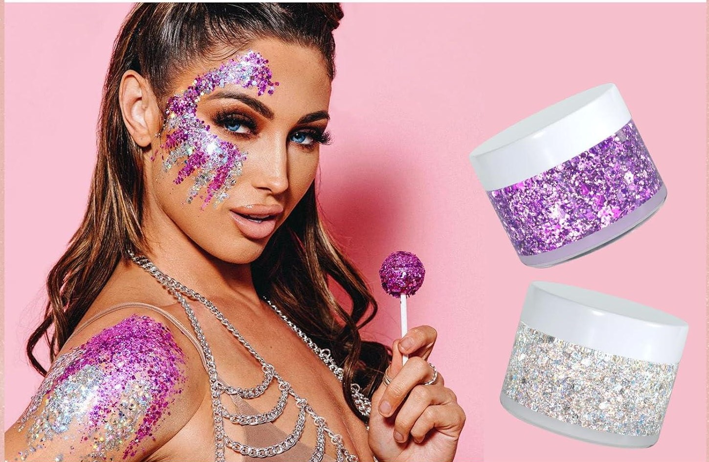 Cosmetic body glitter application using lady glitter sparkles
