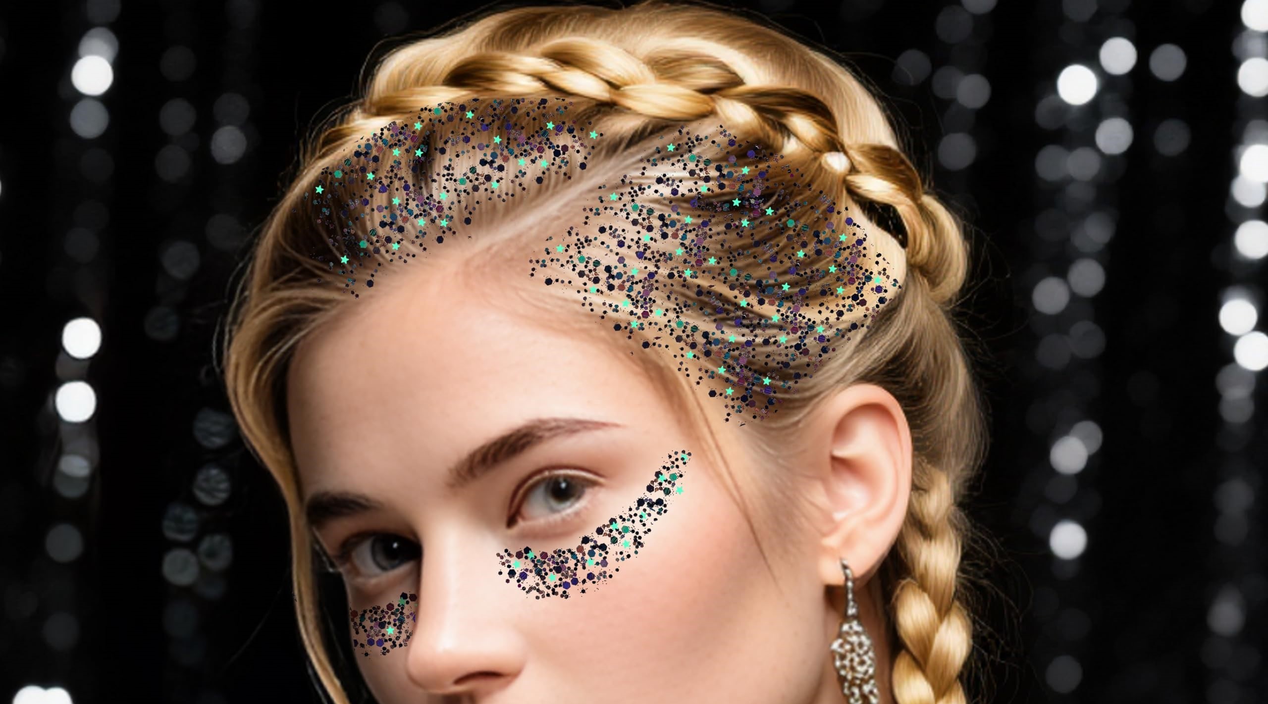 Hair styled with chunky lady glitter sparkles