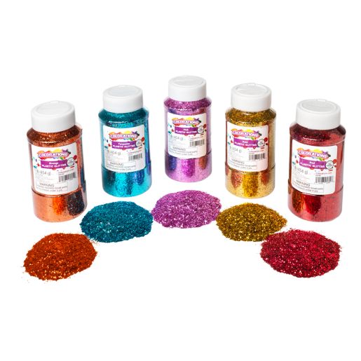 Jars of lady glitter sparkles in assorted colors and finishes